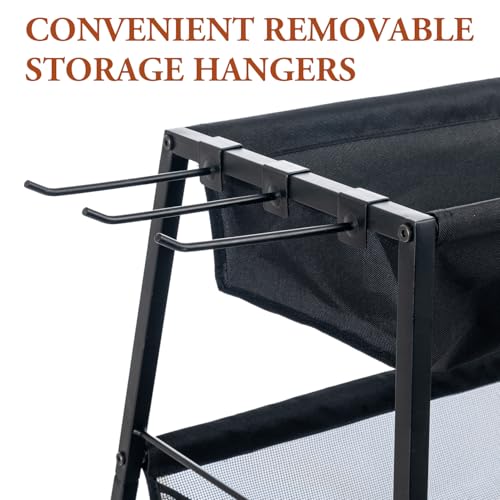 MyGift Garage Sports Equipment Organizer, 3 Tier Metal Ball Storage Bin with Wheels and Mesh Fabric Shelf Baskets, Rolling Gym Equipment Yoga Mat Storage Stand with Ball Toy Bins and 6 Hooks