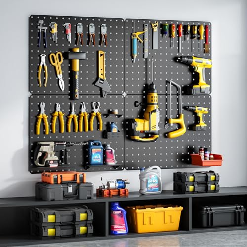 Hogurity Peg Board, 110pcs Metal Pegboard Kit, Includes 4 Pack Black Peg Board Panels with Accessories and Hook Locks, Large Heavy Duty Peg Boards for Walls Home, Garage Tool Storage, Workbench