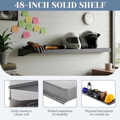 DoubleFill 1 Pack 48 x 12 Inches Heavy Duty Solid Shelf Steel Wall Mount Floating Shelf Holds 50 Lbs for Storing Seeds, Fertilizer, Garden Tools, General Supplies (Black)