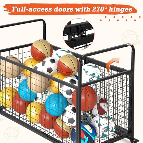 AECOJOY Ball Cart Storage, Extra Large Rolling Basketball Bin with Wheels for Garage, School, Gym, Sports Equipment and Toy Organizer, Indoor & Outdoor