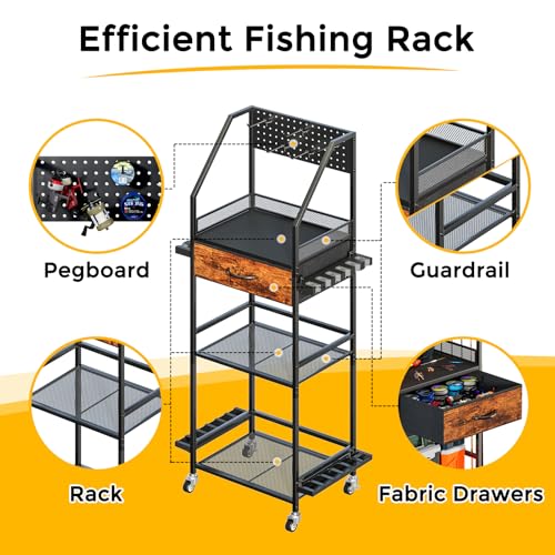 JIRTEMOT Fishing Rod Holder Organizer with Fabric Drawer & Pegboard, Space-Saving Garage Storage for 12 Rods, Reels, Tackle Boxes, Portable Fishing Gear Cart for Easy Access & Mobility