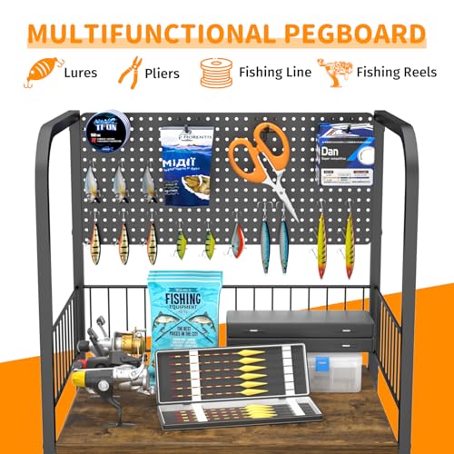 Geznhs Fishing Rod Holders for Garage - Rolling Fishing Pole Rack Organizer with Pegboard & Lockable Wheels, 3 Tier Fishing Gear Storage Holds 10 Rod & Reel Combos, Tackle Box Organizer for Anglers