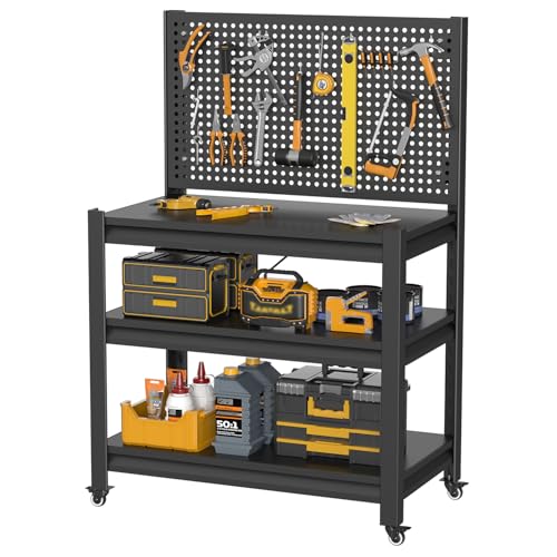 Work Bench with Pegboard,Heavy Duty Workbench with Wheels Adjustable Shelves,Tool Cart,Work Table for Garage Warehouse47.2 H*33.46" W*18" D
