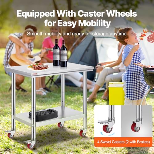 Vevor Mophorn Stainless Steel Work Table 36x24 Inch with 4 Wheels, Casters Heavy Duty Food Prep Worktable for Commercial Kitchen Restaurant, Silver