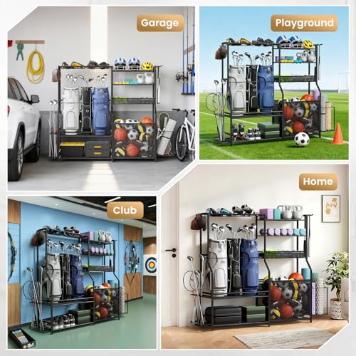 Homiesetify Garage Sports Equipment Organizer, 3 Golf Bag Organizer Stand Heavy-Duty Ball Storage Rack with Basket and Hooks, Ball Storage Cart for Toy Sports Gear Storage, Black (Extra Large)
