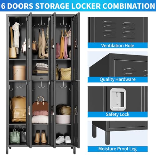 GarveeHome Metal Storage Locker with 6 Doors, Metal Locker for Employees with 18 Hooks for Garage School Office Gym Home, Assembly Required, Black