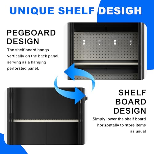 Marcree Metal Storage Cabinet with Digital Lock, 70" Tall Locker with Alarm System, Black File Storage Cabinet with Door and Adjustable Shelves, Pegboard, Hooks, Gun Rack for Home Garage Office