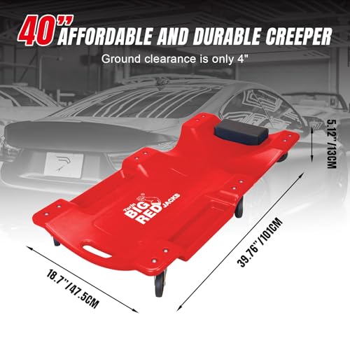 Big RED Torin Blow Molded Plastic Rolling Garage/Shop Creeper: 40" Mechanic Cart with Padded Headrest, Dual Tool Trays and 6 Casters, Red