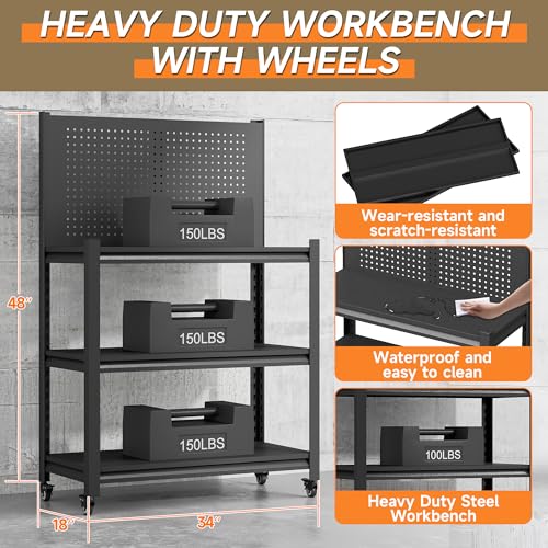 TOPASS Workbench with Pegboard, Adjustable Heavy Duty Work Table with Wheels, Heavy Duty Workstation, Metal Tool Work Bench for Garage Warehouse Workshop, 48" H x 18" D x 34" W, Black