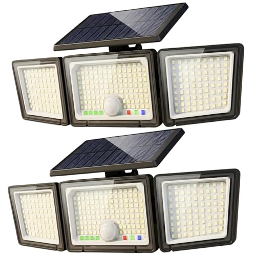 Solar Outdoor Lights Motion Sensor, 2500LM 286 LED Security Flood Lights with Visual Battery & Mode Display, 3 Lighting Modes, IP65 Waterproof 3-Head Wide Angle for Garage, Yard, Patio (2 Pack)