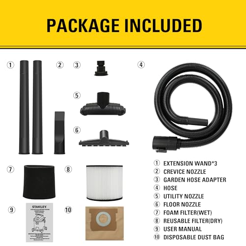 STANLEY 10 Gallon Wet Dry Vacuum, 6 Peak HP Poly Built-in Drain Shop Vac Blower with Powerful Suction, Multifunctional Shop Vacuum W/ 6 Horsepower Motor for Job Site, Garage, Basement, Van, Workshop