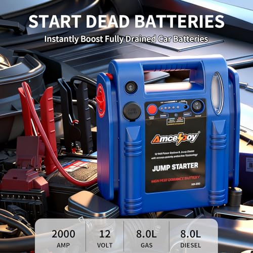 Amcelooy 2000 Peak Amp Car Battery Jump Starter, 12V Booster for Up to 8.0L Gas & 8.0L Diesel Engines, Portable Jump Box with LED Light, USB & DC Ports