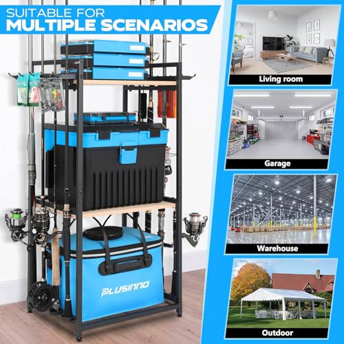 PLUSINNO 3 Tier Fishing Rod Holder, Fishing Pole Holders for Garage, Fishing Rod Rack Fishing Rod Storage Up to 8 Rods, Fishing Gear Tackle Box Fishing Equipment Organizers, Fishing Gifts for Men