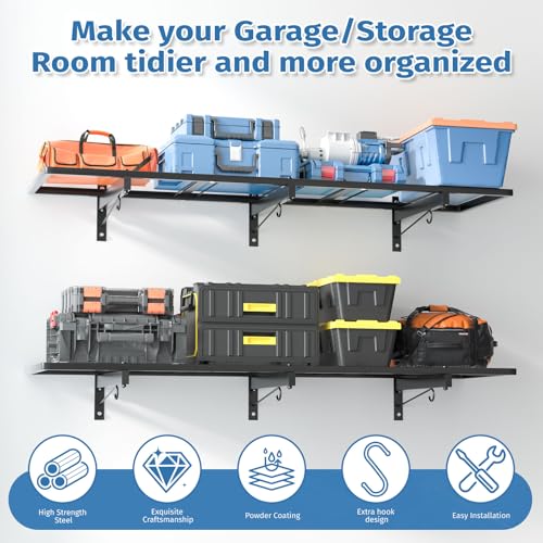 2 Pack Garage Wall Shelving,46"X 12.5" Garage Shelving Wall Mounted,Heavy Duty Garage Storage Rack with 8 Hooks,320 LBS Capacity,Black Metal Floating Organizer Shelves for Laundry,Warehouse (2)