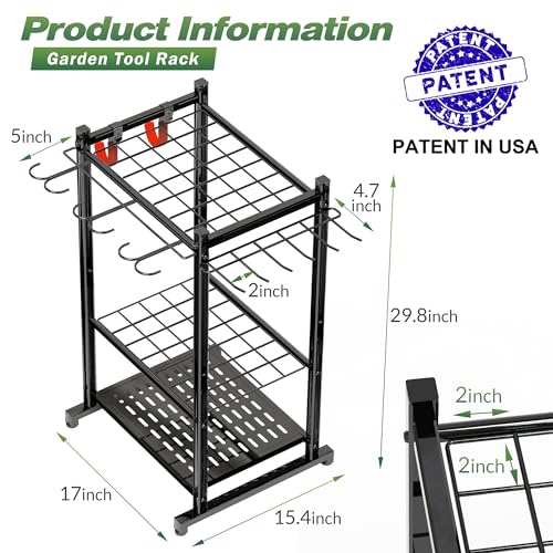 Sttoraboks Garden Tool Organizer Rack Up to 50 Tools, Heavy-Duty Steel Yard Tool Organizer for Garage Storage with 11 Hooks, Broom Holder & Garden Tool Rack for Shed, Patio, Outdoor Use, Black