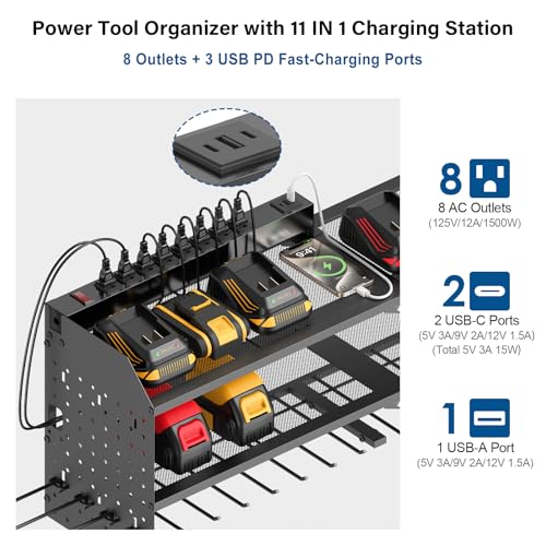 JUNNUJ Large Power Tool Organizer Wall Mount with Charging Station. Garage 8 Drill Holder Tools Battery Storage Shelf, Heavy Duty Utility Storage Rack Built in 8 Outlet 3 USB 6 FT Power Strip