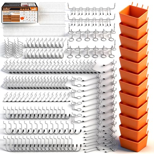 HORUSDY 309 PCS Pegboard Hooks Assortment Kit – 17 Types Heavy Duty Peg Board Hooks & Organizer Accessories – Fits 1/8 & 1/4 Inch Pegboard Durable Metal Wall Hooks for Garage Kitchen Workshop
