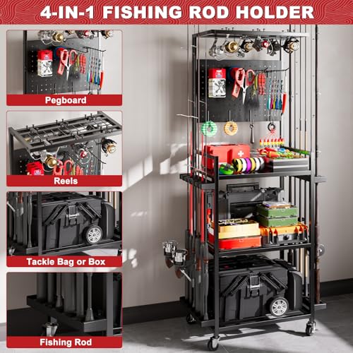 SEEAHEAD Fishing Rod Holders for Garage, Fishing Rod Storage Rack with Hooks & Wheels, Fishing Pole Holder Organizer, Tackle Box & Reel Storage Black