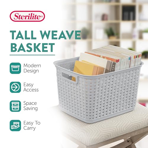 Sterilite 6-Pack Tall Weave Basket, Woven Plastic Storage Baskets for Organization, Cement Gray - Organizing Bin Containers with Handles for Bedroom, Bathroom, Dorm, Laundry Room, and Closet
