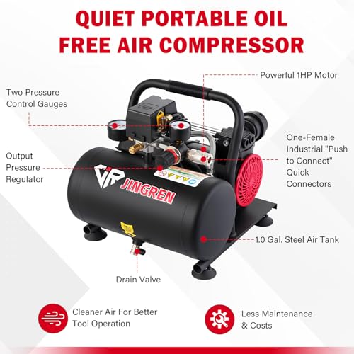 JIR JINGREN 1HP Quiet Air Compressor,1 Gallon Steel Tank, 1.65CFM @ 90PSI Oil Free Air Compressor & Max. 120PSI Pressure for Tire Inflation,Nailing,Home DIY Project(With Accessories Kit)