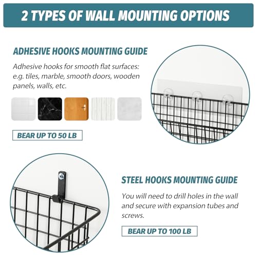 4 Set [EXTRA LARGE] Hanging Wall Mount Storage Baskets with Adhesive Hooks & Steel Hooks, Multiuse Sturdy Wire Metal Organizing Baskets for Home Kitchen Bathroom Pantry Utility Organizer, Black