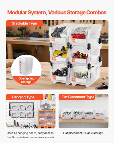 VEVOR Plastic Stackable Storage Bins, 14.8 x 8.5 x 7.1 inch (6 Pack), Plastic Containers for Organizing & Storage Bins for Closet, Garage, Small Parts, Office Supplies, Other Accessories, Transparent