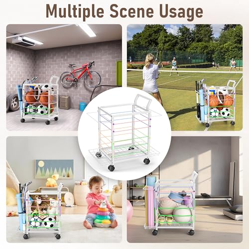 DUDUXI Sports Equipment Garage Organizer,Garage Ball Storage Rack for Sports with Wheels-Upgraded Sports Organizer Rack Outdoor Basketball Racks for Balls with Holder and Hooks (White)