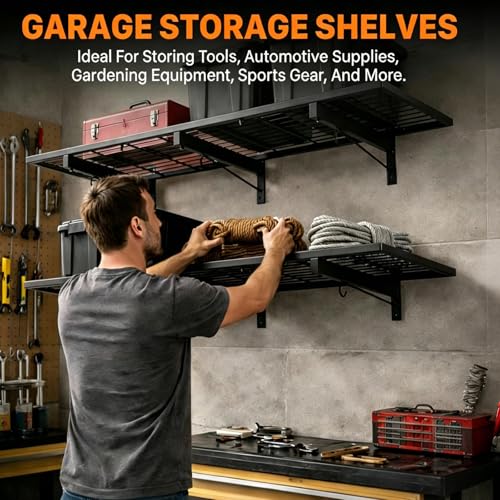 2 Pack Heavy Duty Garage Wall Shelves, 46"x12.5" Wall Mounted Floating Storage Shelf with 8 Hooks, Reinforced Powder Coated Steel Industrial Shelving, 380 LBS Load Capacity for Basement Workshop Shop