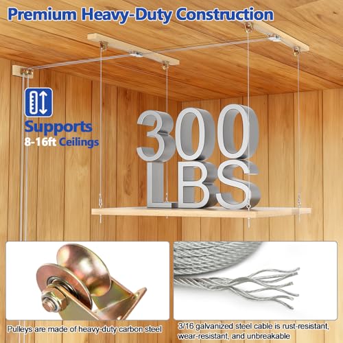 TooTaci Overhead Garage Storage Lift with 3/16 Steel Cable, Heavy Duty Ceiling Mounted Garage Storage Lift System for Organization, 300lbs Weight, Supports 8-16ft Ceilings (Deck and Winch Not Includ)