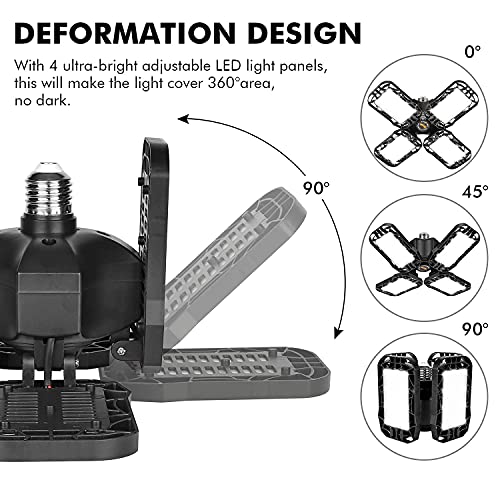 Tudoccy LED Garage Light 4 Pack, 120W Ultra Bright LED Shop Light with 4 Adjustable Panels, 18000LM E26/E27 Base Deformable Ceiling Fixtures for Garage, Workshop, Attic, Basement, Barn (Black-4 Pack)