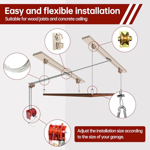 Heavy Duty Overhead Garage Storage Pulley Lift System, 300LBS Load Capacity, Ceiling Mounted Rack with Adjustable Height, for Bikes, Boxes and Bins, Home Garage Organization Not Include Racks