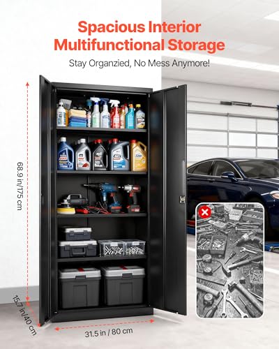 VEVOR Metal Storage Cabinet, Lockable Steel Garage Cabinet with Magnetic Doors and Adjustable Shelves, 2 Keys, 5-Tiers Tall Tool Locker for Home, Office, School, Pantry, Warehouse, Laundry, Black