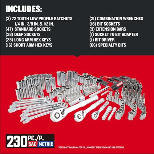 CRAFTSMAN 230 Pcs Mechanics Tool Set, Socket Wrench Set, Car Tool Kit with VERSASTACK Toolbox, SAE and Metric,1/4 in, 3/8 in, and 1/2 Drive, Short and Long Arm Hex Keys (CMMT45306)