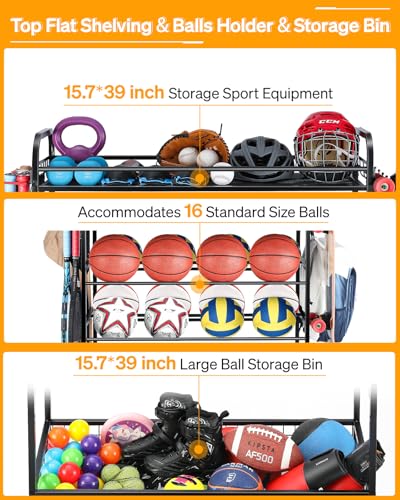 EXTCCT Garage Sports Equipment Organizer - Rolling Ball Storage Bin with Wheels, Garage Sports Gear Rack Outdoor Basketball Racks for Balls with Baseball Bat Holder and Hooks, Toy Organizer