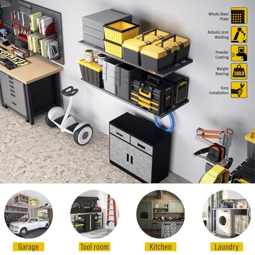 Brukid 2Pack 1.64x4ft Adjustable Metal Garage Wall Shelving Heavy Duty Garage Storage Shelf Wall Mounted Black