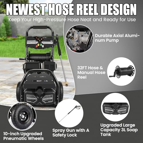Professional 4200PSI 4GPM 212CC Gas Pressure Washer, 7.0HP Heavy-Duty 3600RPM Commercial Gas Power Washer with 10" Wheels 3000ML Foam Bottle 5 Nozzles 33FT Hose Reel (EPA/CARB/ETL Compliant), Black