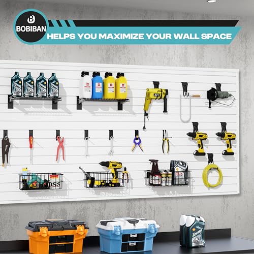 BOBIBAN 24PCS Slatwall Accessories Set, Includes Metal Slatwall Baskets, Shelves and Hooks, Heavy Duty Slat Wall Organizer Kit for Shops, Garage and Room Storage (Black,24pcs)