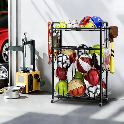 YIWANFW Garage Ball Storage Rack - Sports Equipment Organizer with Wheels, Rolling Sports Ball Cart with Elastic Rope, Outdoor Ball Holder for Basketball Soccer Volleyball Football, Garage Toy Storage