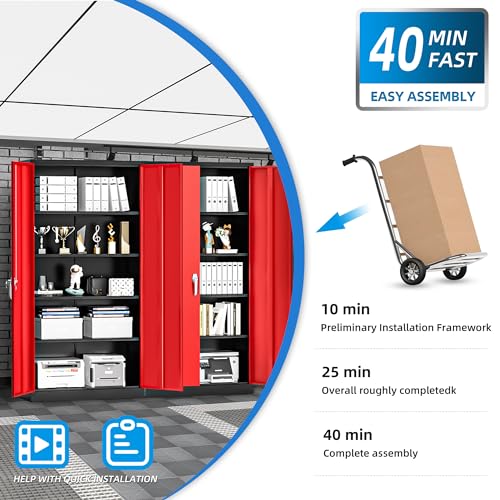 Superday 72" Lockable Steel Storage Cabinet, Locking Metal Storage Cabinets, Tall Black Red Cabinet with 2 Doors and 4 Adjustable Shelves for Garage, Home Office, Classroom, File, Easy Assemble