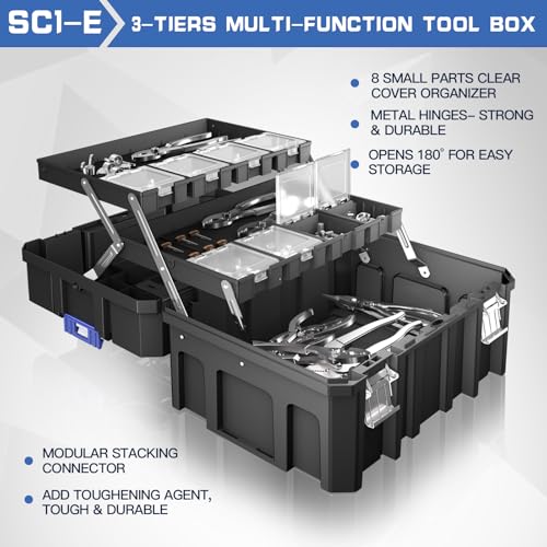 4 Tier Stackable Rolling Tool Box with Wheels | Modular Tool Organizer Box Storage System | Portable Tool Box with Drawers | Tough and Durable | for Garage Storage | Home Repairs | Professional Work