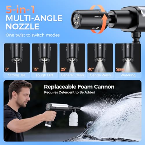 Foldable Pressure Washer Portable Battery Washer with 5-in-1 Nozzle, 3 Levels & LCD Display, Handheld Washer for Car, Bike, Patio & Camping (Black)