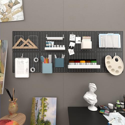 GEDELITE 4-Pack Heavy-Duty Metal Pegboard Organizer Kit - 16"x12" Black Steel Wall Control Panels with 8 Hooks for Garage Tools, Craft Rooms, and Home Office Storage