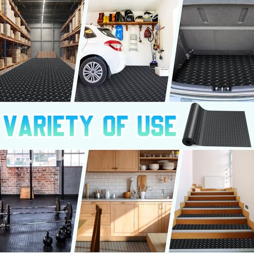 Breling 16 in x 20 ft Rubber Diamond Plate Rolls Garage Floor Mat for Under Car, Heavy Duty Flooring Rug for Trailers Garage, PVC Water/Stain Outside Stall Resistant Parking Rv Tool(Black)