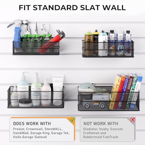 INCLY 4 Pack Upgrade Slatwall Baskets, Heavy Duty Metal Mesh Slat Wall Basket, Mounted Hanging Storage Slatwall Accessories for Garage Organizing Shop Display on Slat Wall Panels