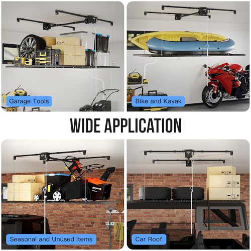 Garvee Overhead Garage Storage Rack Lift, 4x8 ft Ceiling Mounted Storage Racks, 12FT Max Adjustable Height, 800lbs Weight Capacity, Heavy-Duty Metal Ceiling Rack for Organization