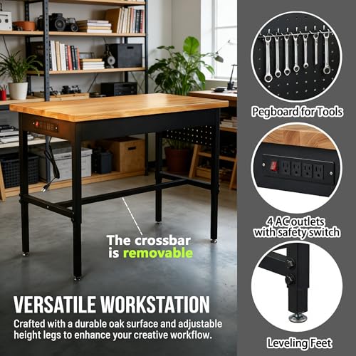 48/60/70 Inch Adjustable Workbench with Power Outlet Heavy Duty 2500 LBS Load Capacity Hardwood Work Table for Garage 6 Level Height Adjustable Workshop Bench (48"x24")