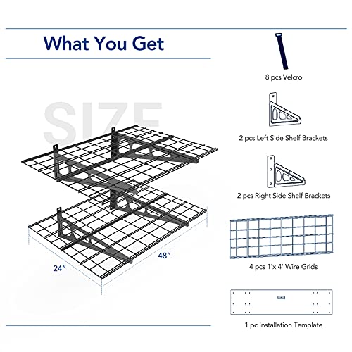 FLEXIMOUNTS Garage Storage Bundle – 2-Pack 2x4ft Wall Mounted Floating Shelves 24"x48"& 3x6ft Adjustable Overhead Ceiling Rack 72"x36"x40", 450lbs Capacity, Black