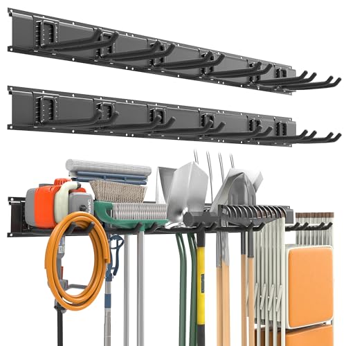 EVERHANGER Garage Tool Storage Organizer, Wall Mount Garden Tool Rack Organization, Heavy Duty Folding Chair Hangers with 12 Adjustable Hooks, Max Load 900lb, 96inch