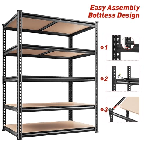 REIBII 2400LBS Garage Shelving 5 Tier Storage Shelves Heavy Duty, Adjustable Metal Shelving Unit,Garage Shelves for Basement,Warehouse,Pantry,Closet,Kitchen 72" H x 36" W x 16" D,2 Pack