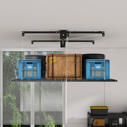 4x8 FT Overhead Garage Storage Rack for High Ceilings 10-12 FT, 350Lbs Heavy-duty Steel Garage Ceiling Rack with Safety Lock, Ideal for Overhead Storage Mounted Lift System and Garage Organizer